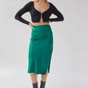 green UO Edy Satin Midi Skirt